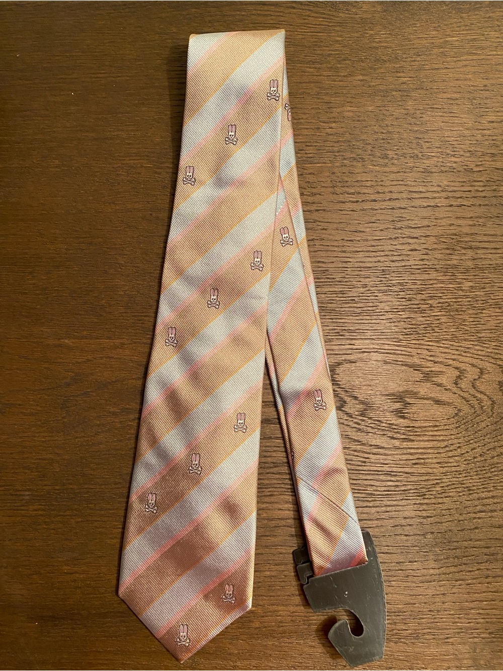 Psycho Bunny Striped Skull and Crossbones Silk Tie Brown & Pink Like New